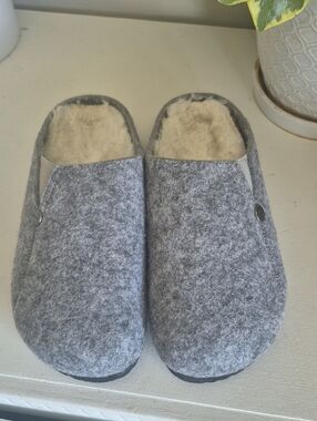 Hot Cakes Gray Felt Slip-On Mules with Branded Button